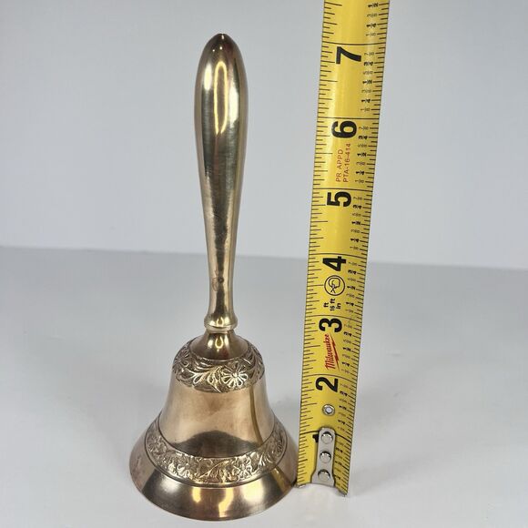Solid Brass‎ Bell 7” Tall Carved With Flowers - Picture 7 of 9